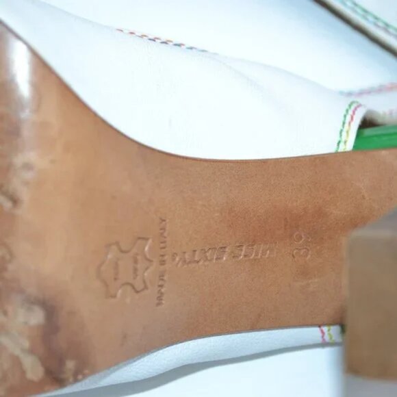 Vintage Miss Sixty White Green Chunky Peep Toe Slingback Leather Heels 39 8.5 9 - Picture 13 of 16